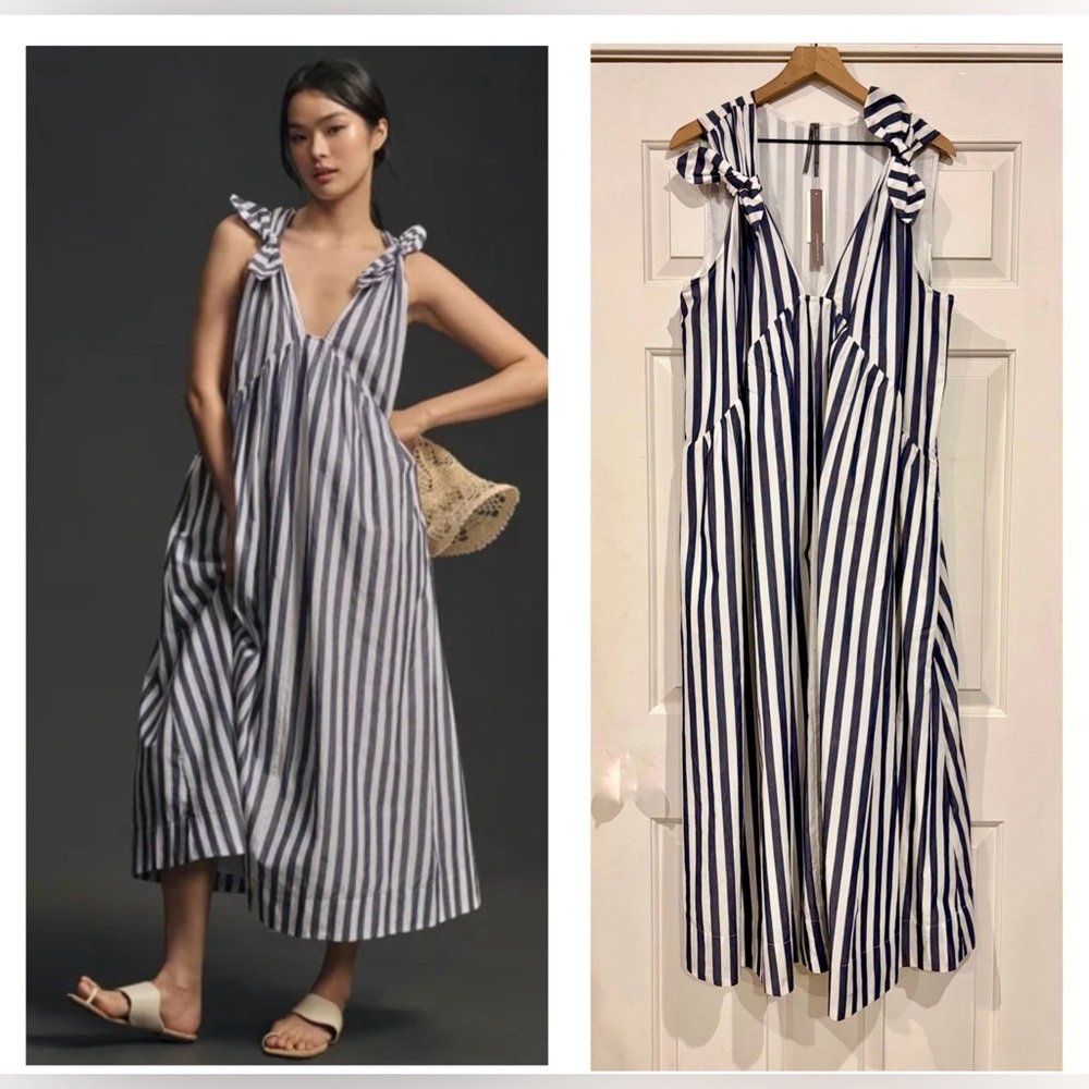 Anthropologie Bow Shoulder V-Neck Nautical Navy and White Stripe Maxi Dress | XL